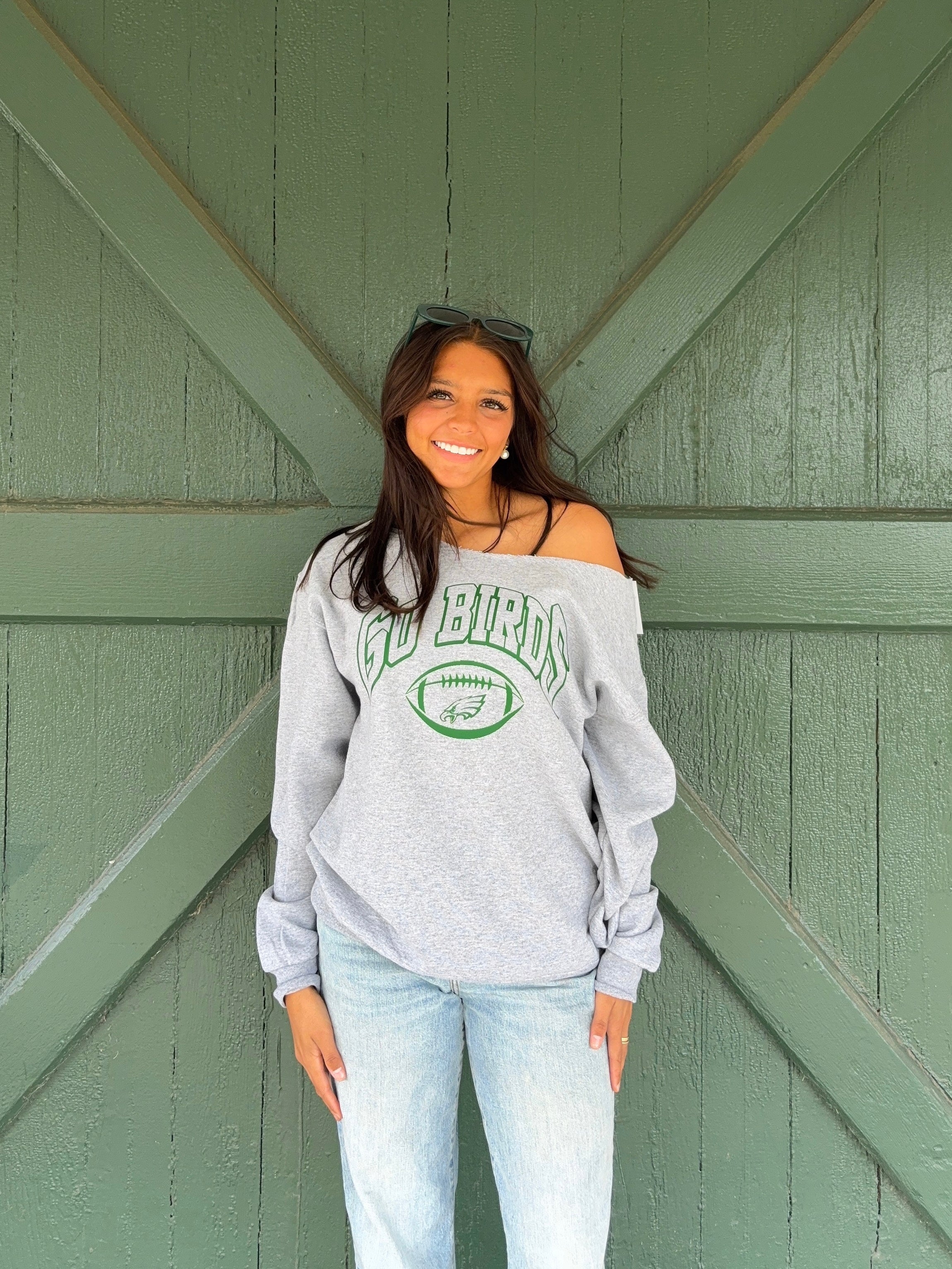 “Go Birds” Off-The-Shoulder Game Day Sweatshirt Heather Grey – Philly Football Cozy Chic Pullover