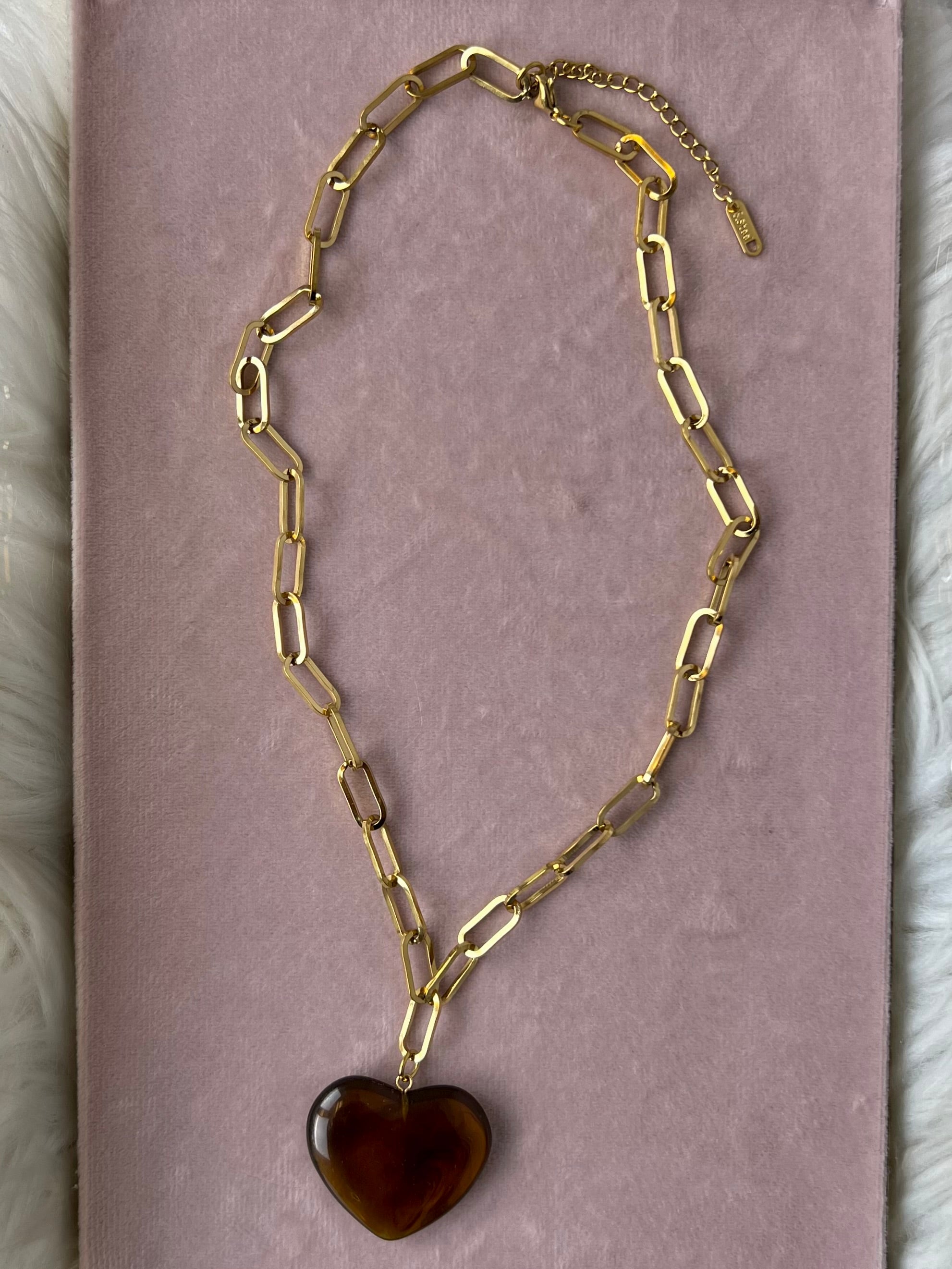 The Melissa Marbled Brown Lucite Puff Heart Necklace – Water & Tarnish Resistan