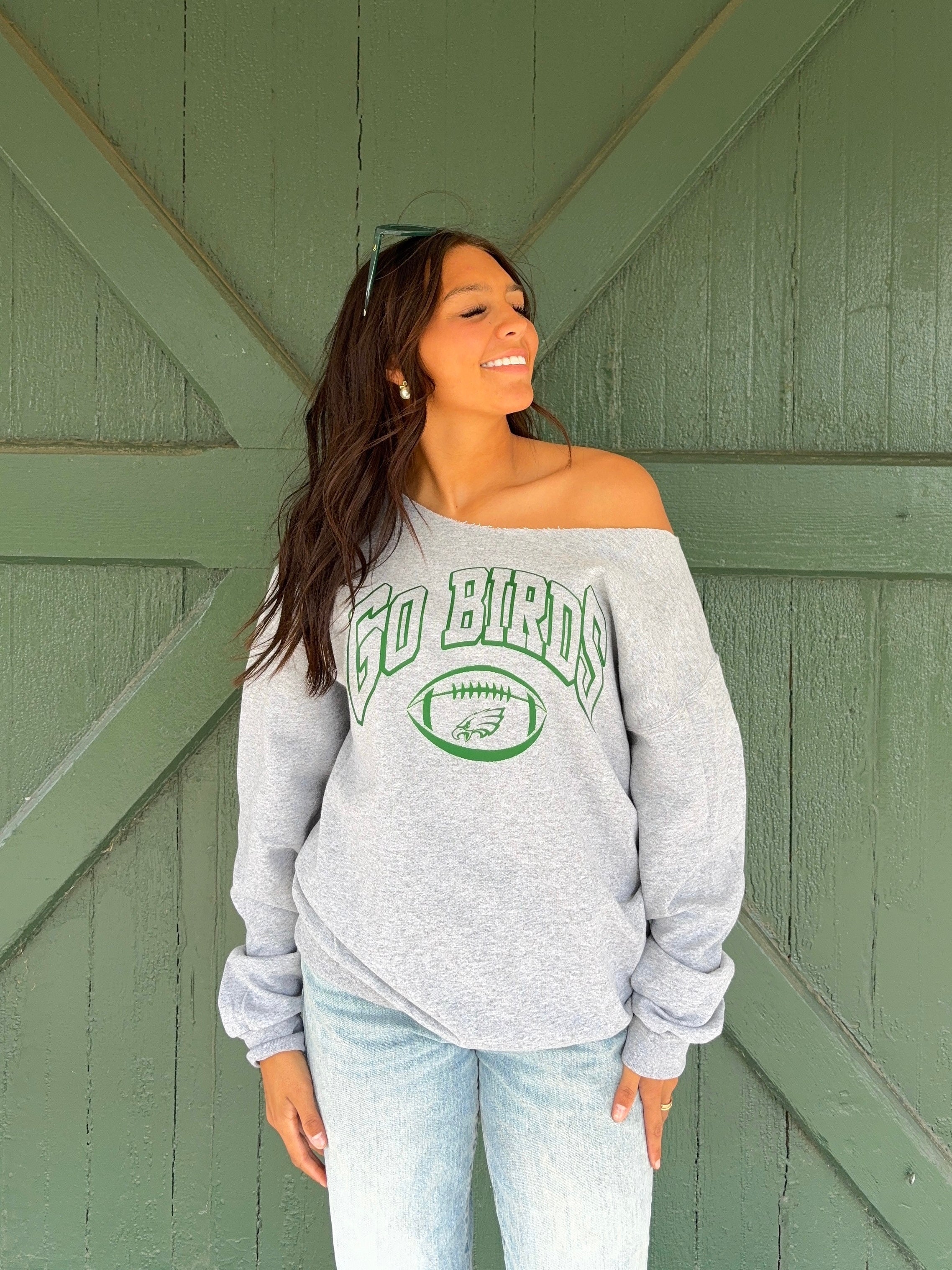 “Go Birds” Off-The-Shoulder Game Day Sweatshirt Heather Grey – Philly Football Cozy Chic Pullover