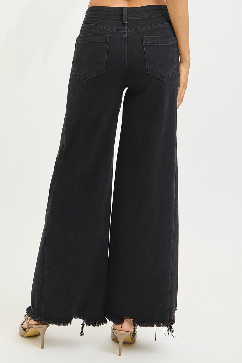 RISEN BLACK TUMMY CONTROL HIGH RISE PALAZZO LEG WITH FRAYED HEM JEAN