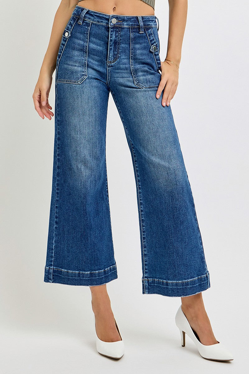 High Rise Ankle Wide Leg Patch Pocket Detail Jeans
