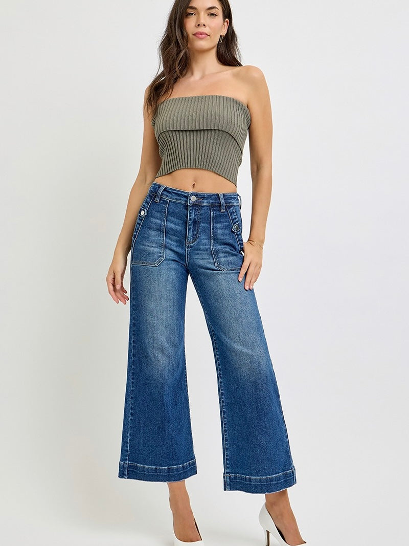 High Rise Ankle Wide Leg Patch Pocket Detail Jeans