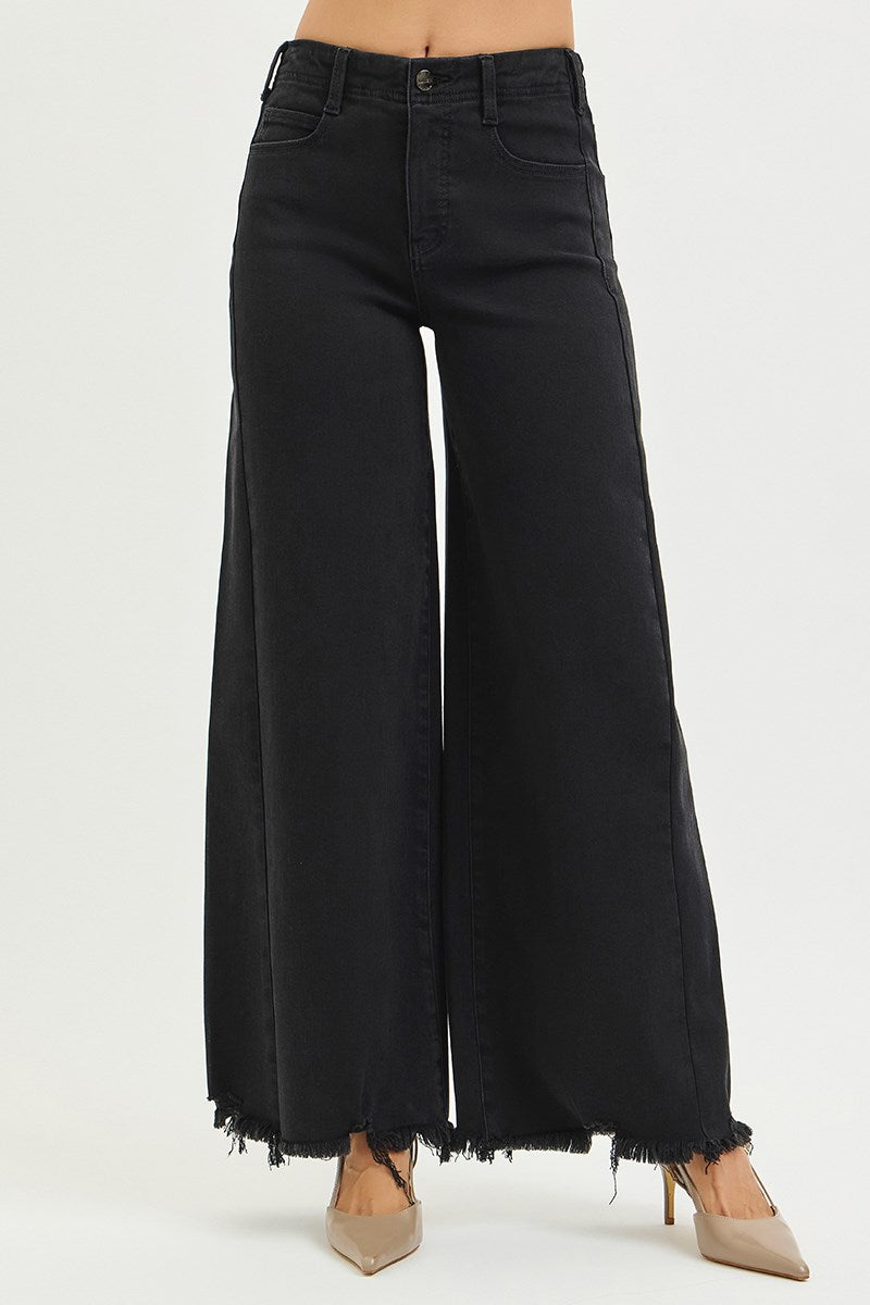RISEN BLACK TUMMY CONTROL HIGH RISE PALAZZO LEG WITH FRAYED HEM JEAN