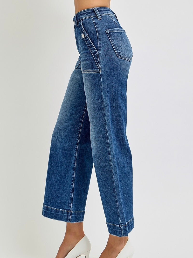 High Rise Ankle Wide Leg Patch Pocket Detail Jeans