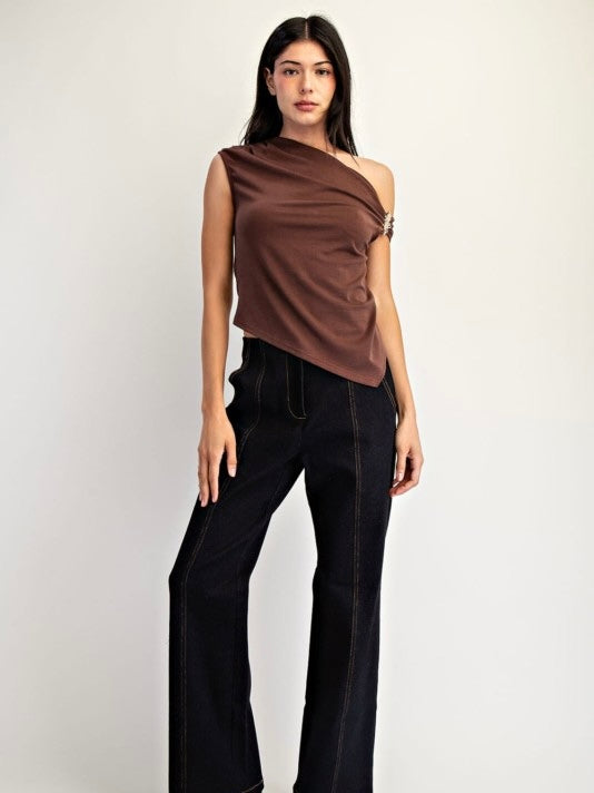 Lauren One Shoulder With Metal Trim Asymmetrical Hem Top