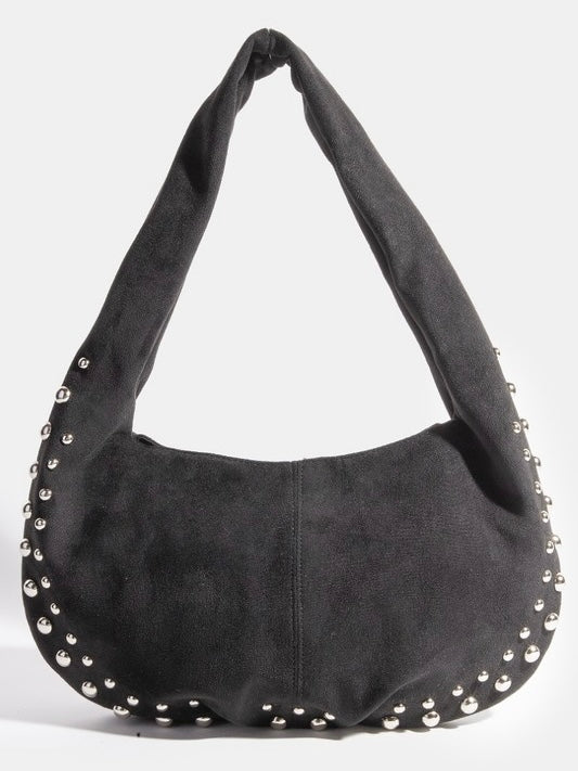 Studded Black Soft Hobo Shoulder Bag