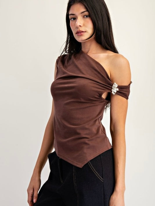 Lauren One Shoulder With Metal Trim Asymmetrical Hem Top