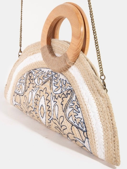 Filigree Pattern Jute Half Circle Hand Bag