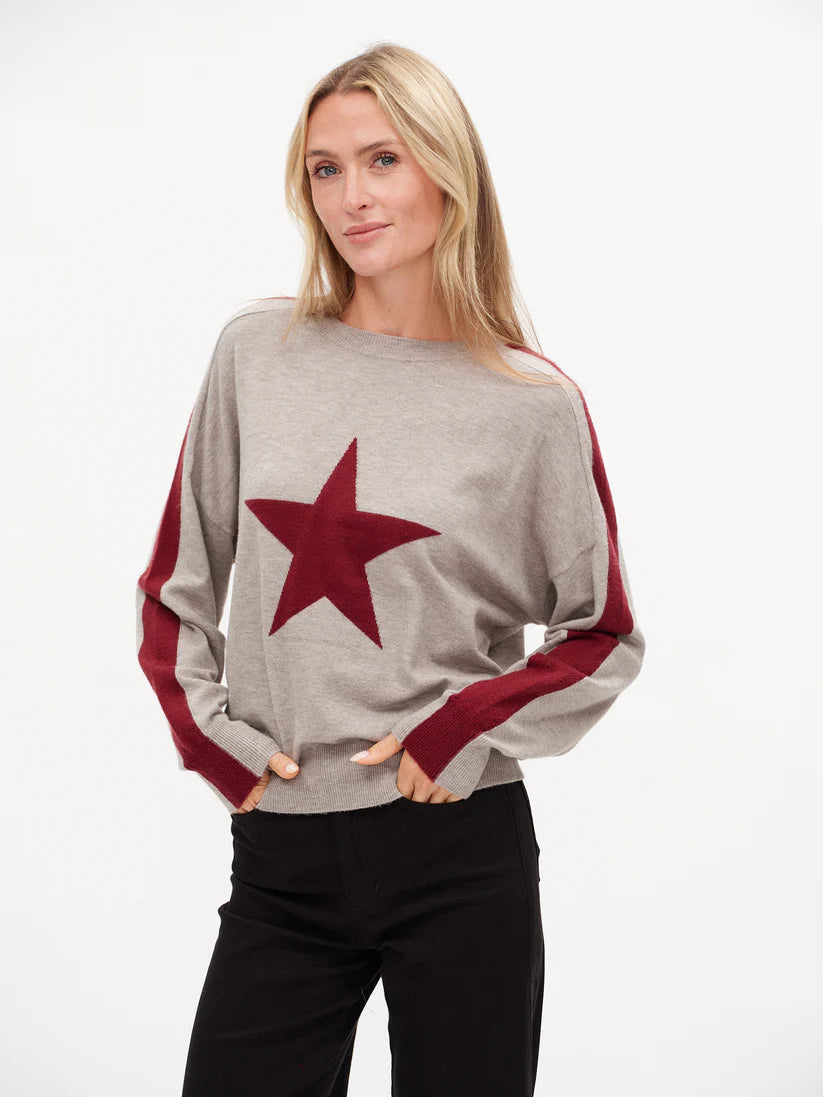 Morgan Star Sweater – Burgundy & Heather Grey Crew Neck with Sleeve Stripe