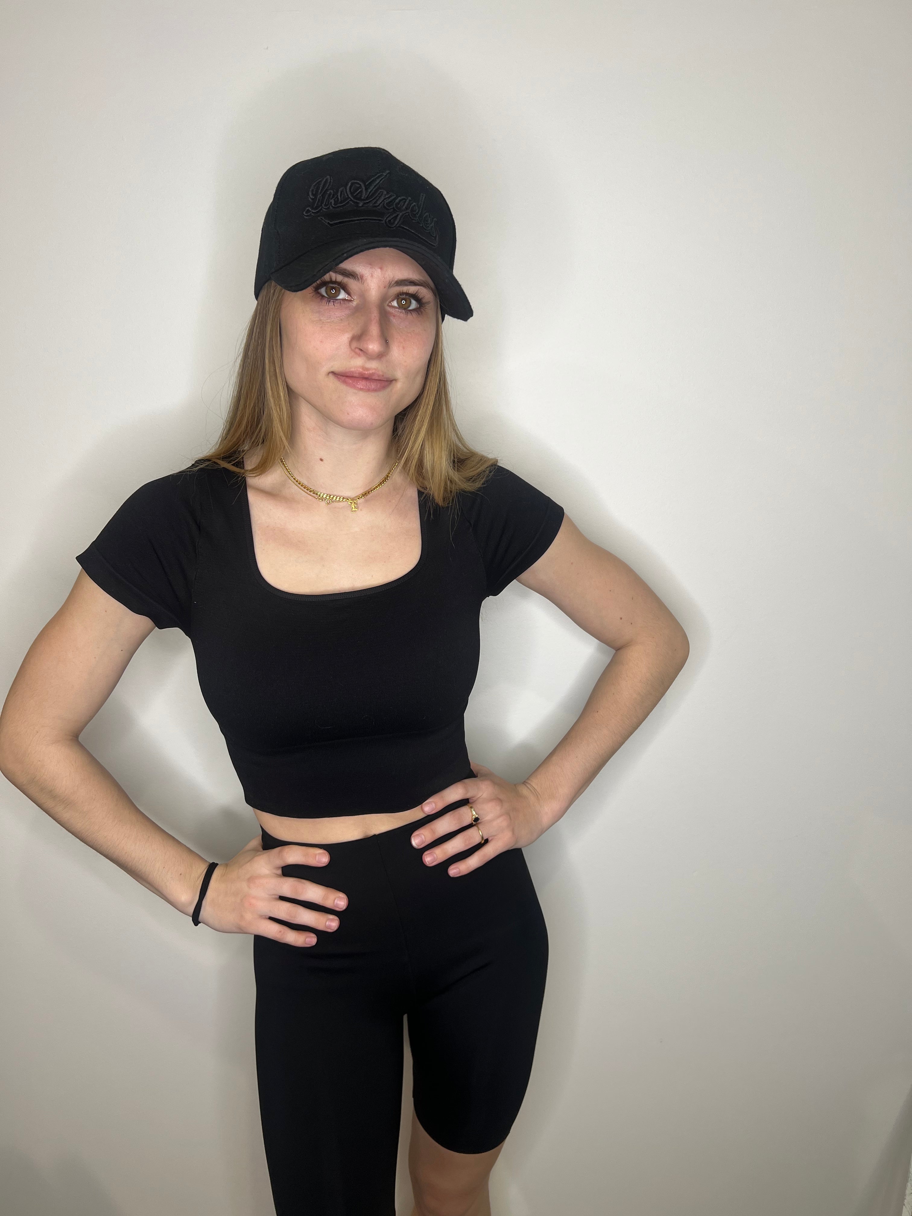 Lia Short Sleeve Black Square Neck Crop Top