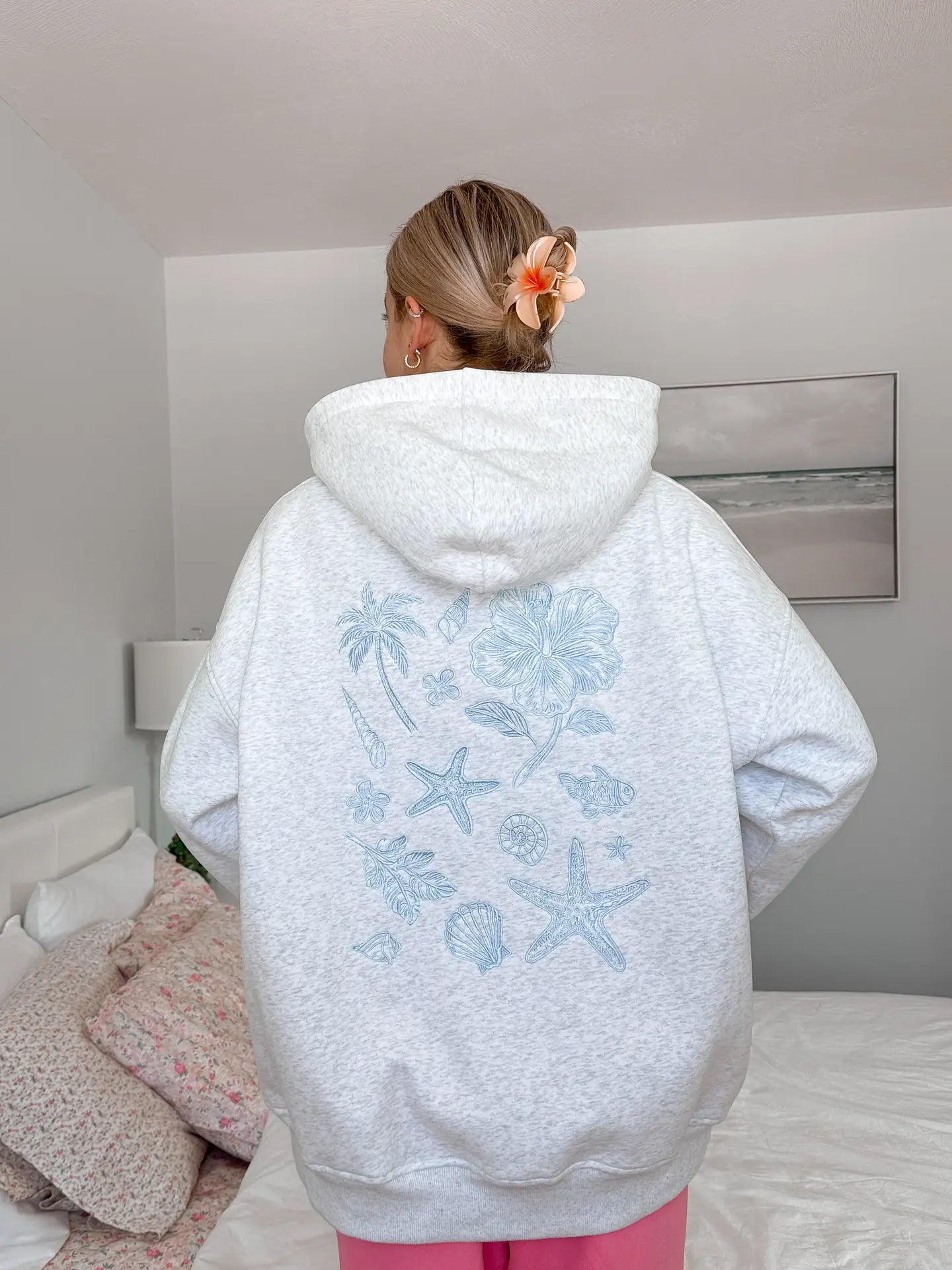 Sunkissed Coconut Pearl Gray Oversized Hoodie — Embroidered Tropical Seashells & Flowers