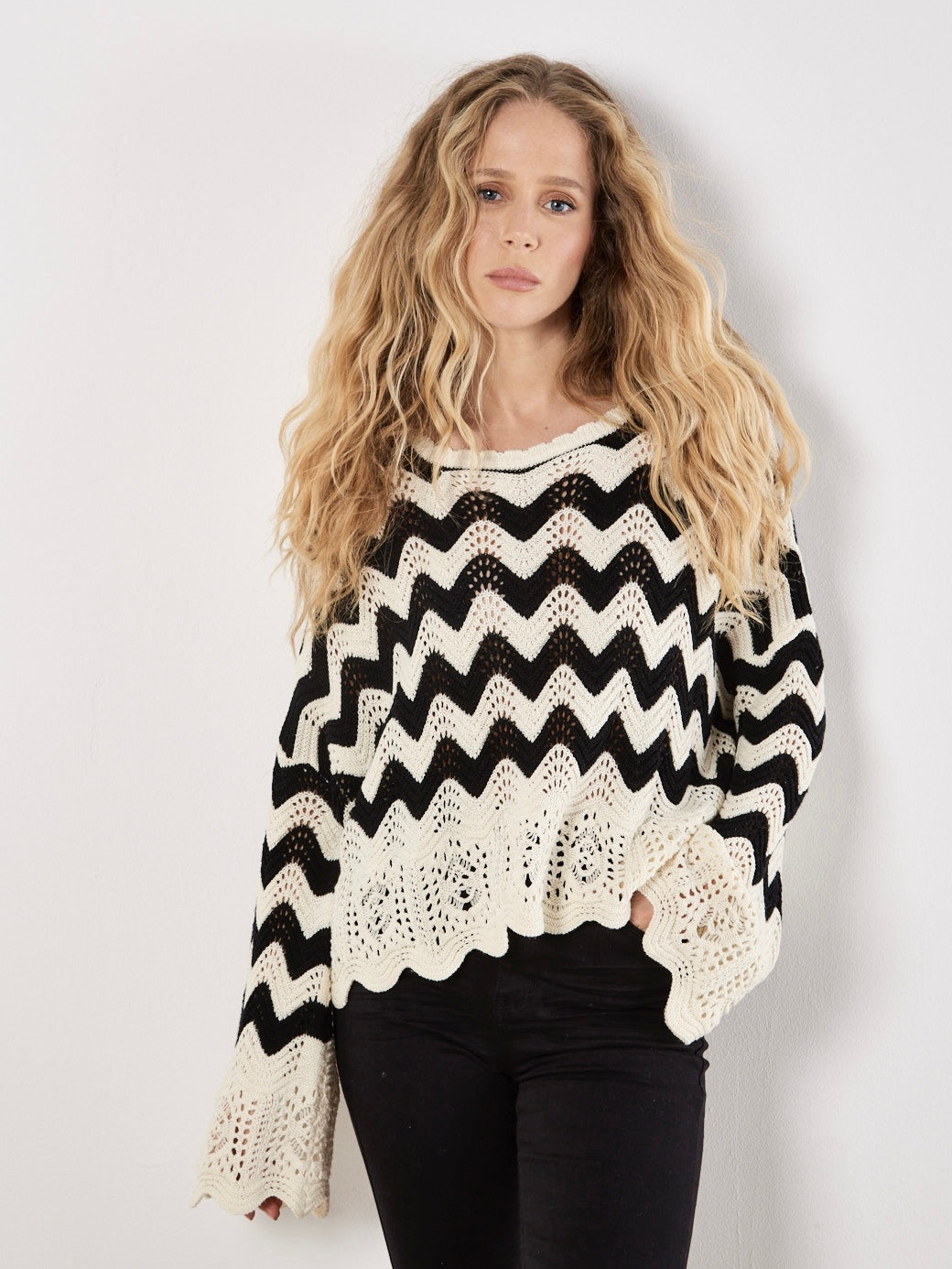 Apricot Chevron Scallop Border Knit Jumper Sweater