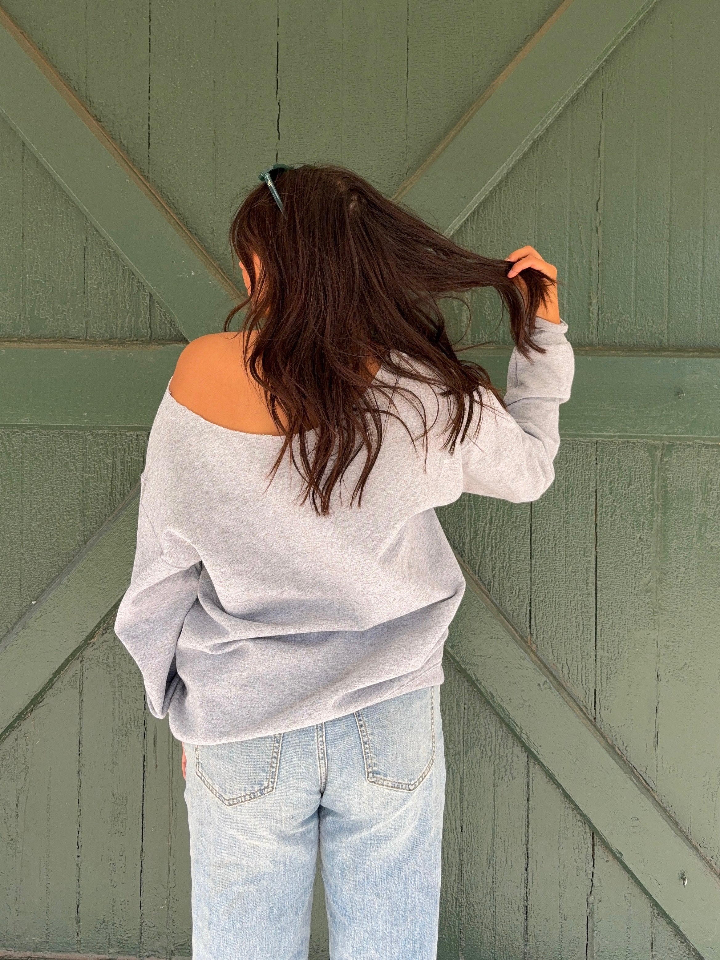 “Go Birds” Off-The-Shoulder Game Day Sweatshirt Heather Grey – Philly Football Cozy Chic Pullover
