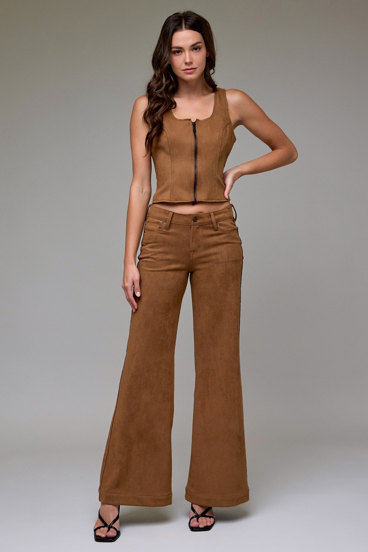 Caramel Suede Stretch Comfort Flare Pants – 33” Inseam