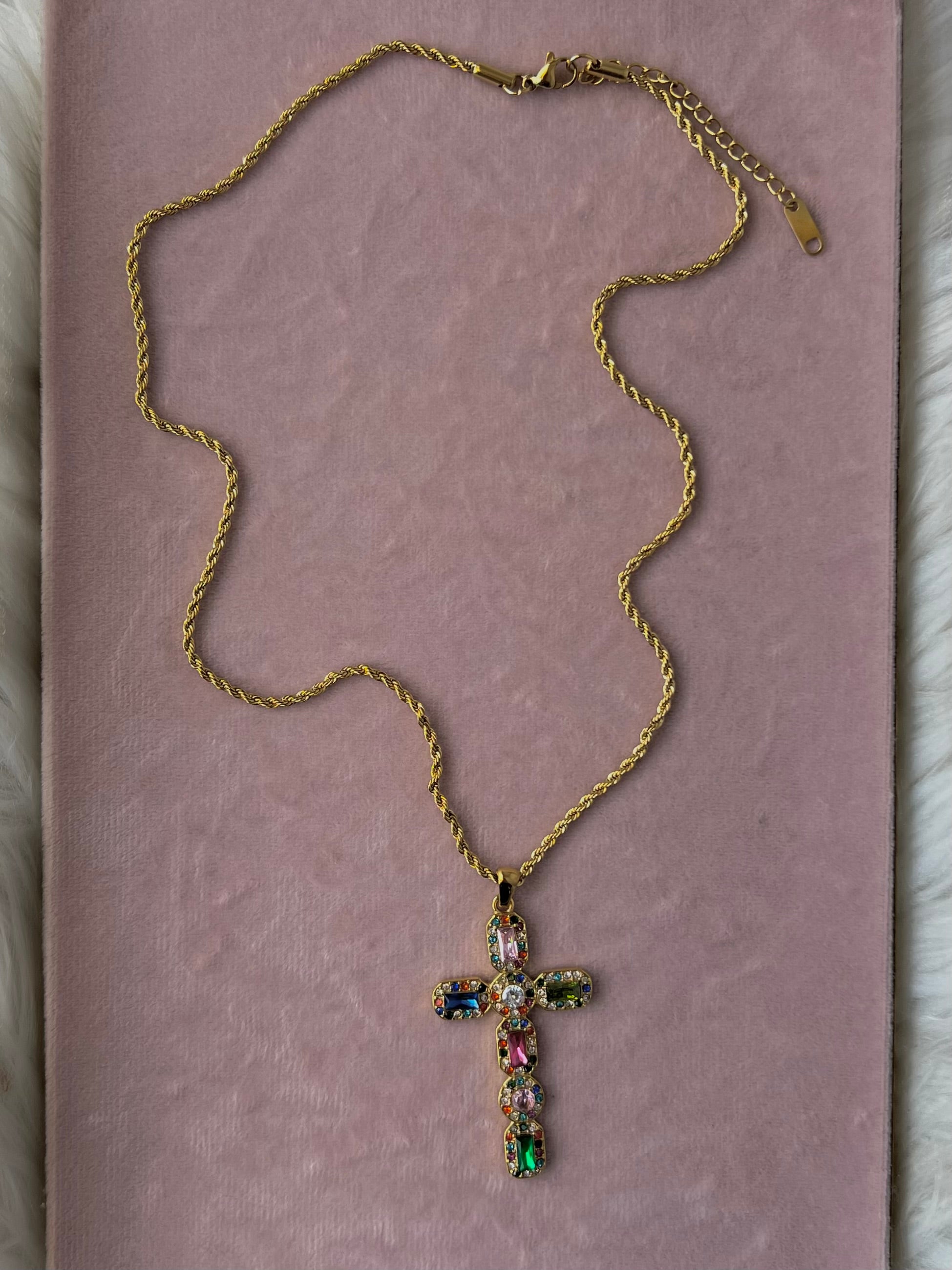 PREORDER-The Bella Multi Color Crystal Cross Necklace – Water & Tarnish Resistant