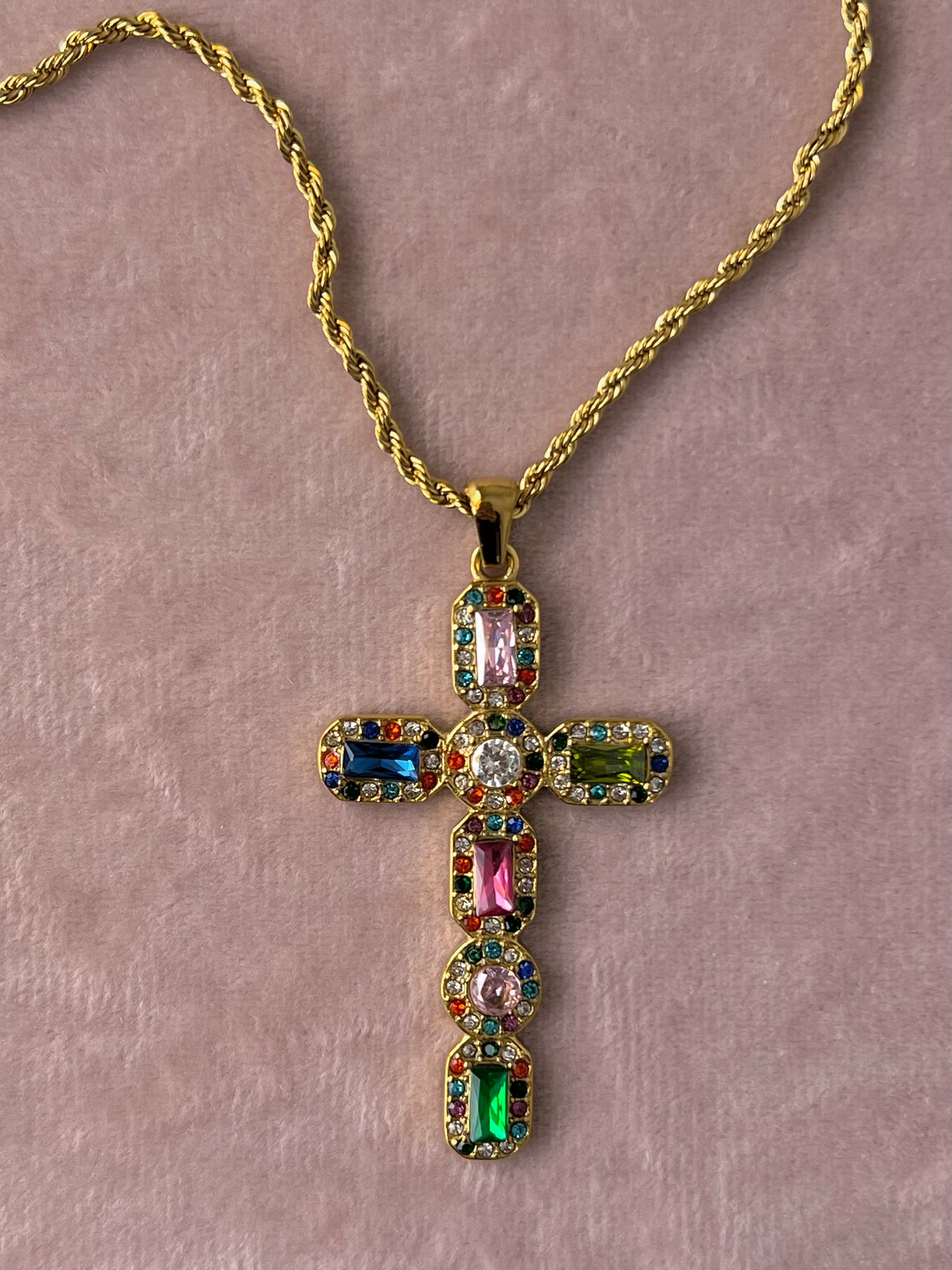PREORDER-The Bella Multi Color Crystal Cross Necklace – Water & Tarnish Resistant