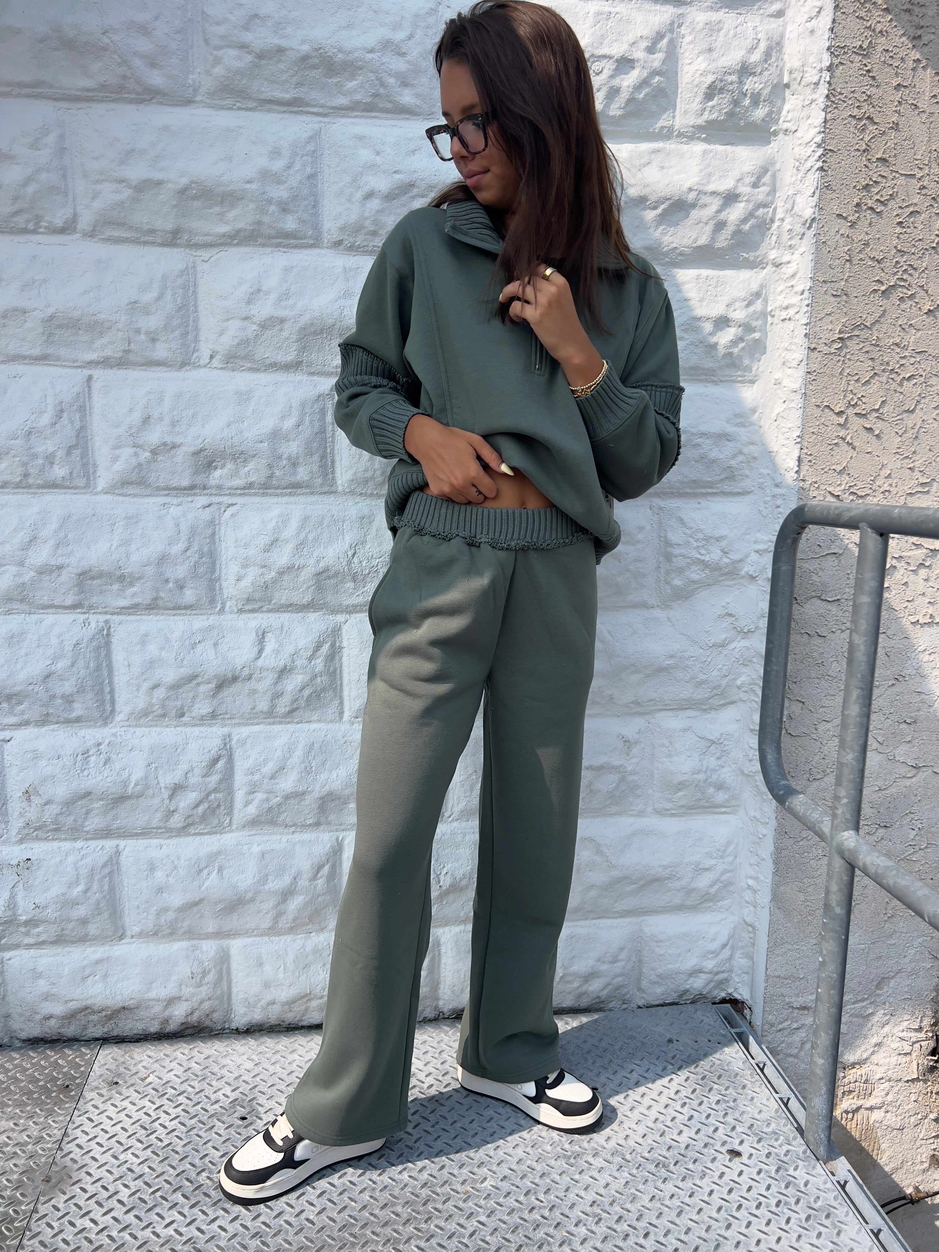 Olive Fleece Pant with Rib Waistband