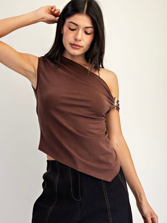 Lauren One Shoulder With Metal Trim Asymmetrical Hem Top