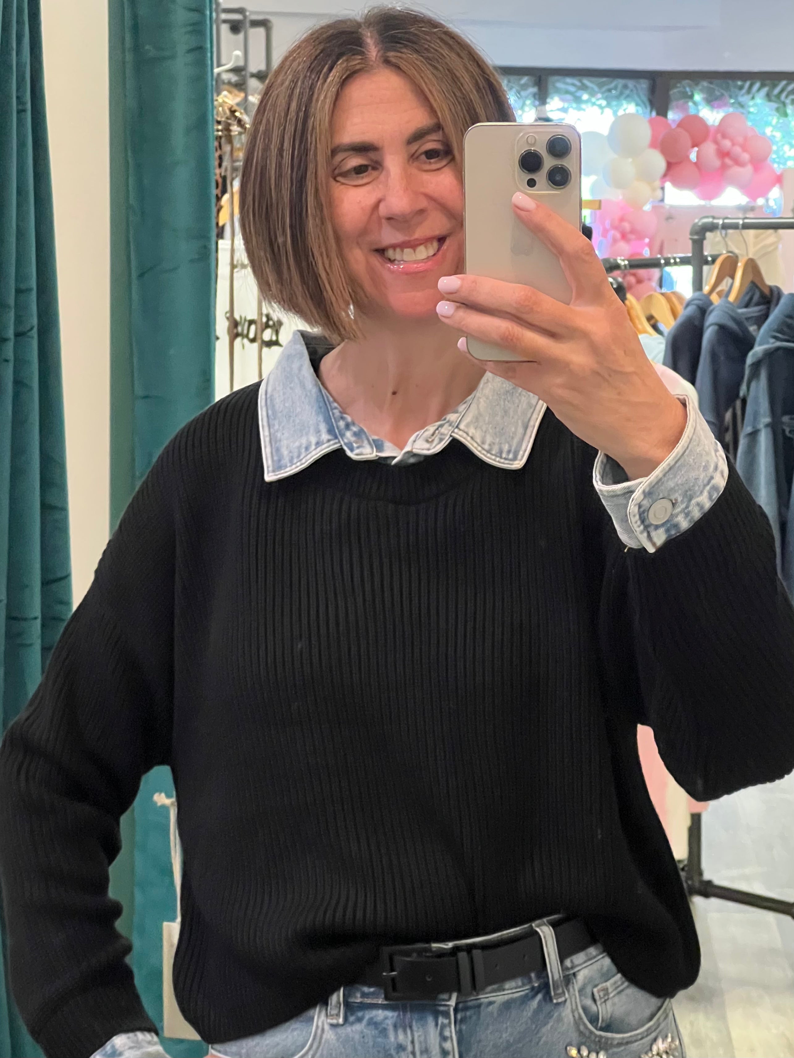 Black with Denim Sweater with Denim Collar/Cuff