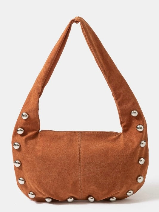 Metallic Studded Faux Suede Hand Bag