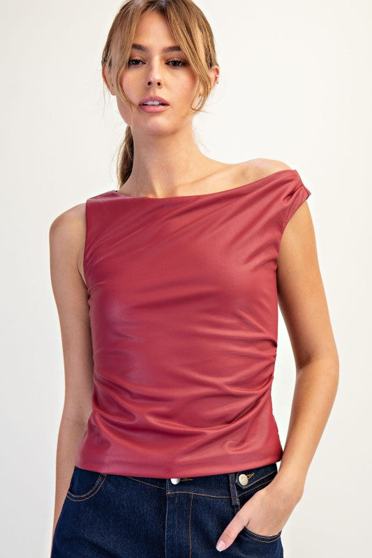 Cassi Vegan Leather Top - Burgundy