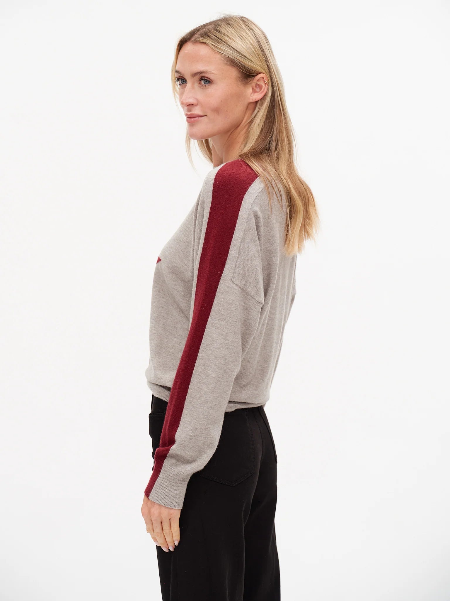 Morgan Star Sweater – Burgundy & Heather Grey Crew Neck with Sleeve Stripe
